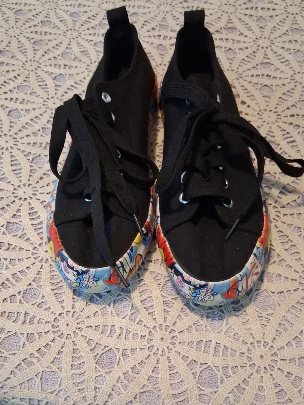 Kids Black Canvas Sneakers with Colorful Printed Toe Trim